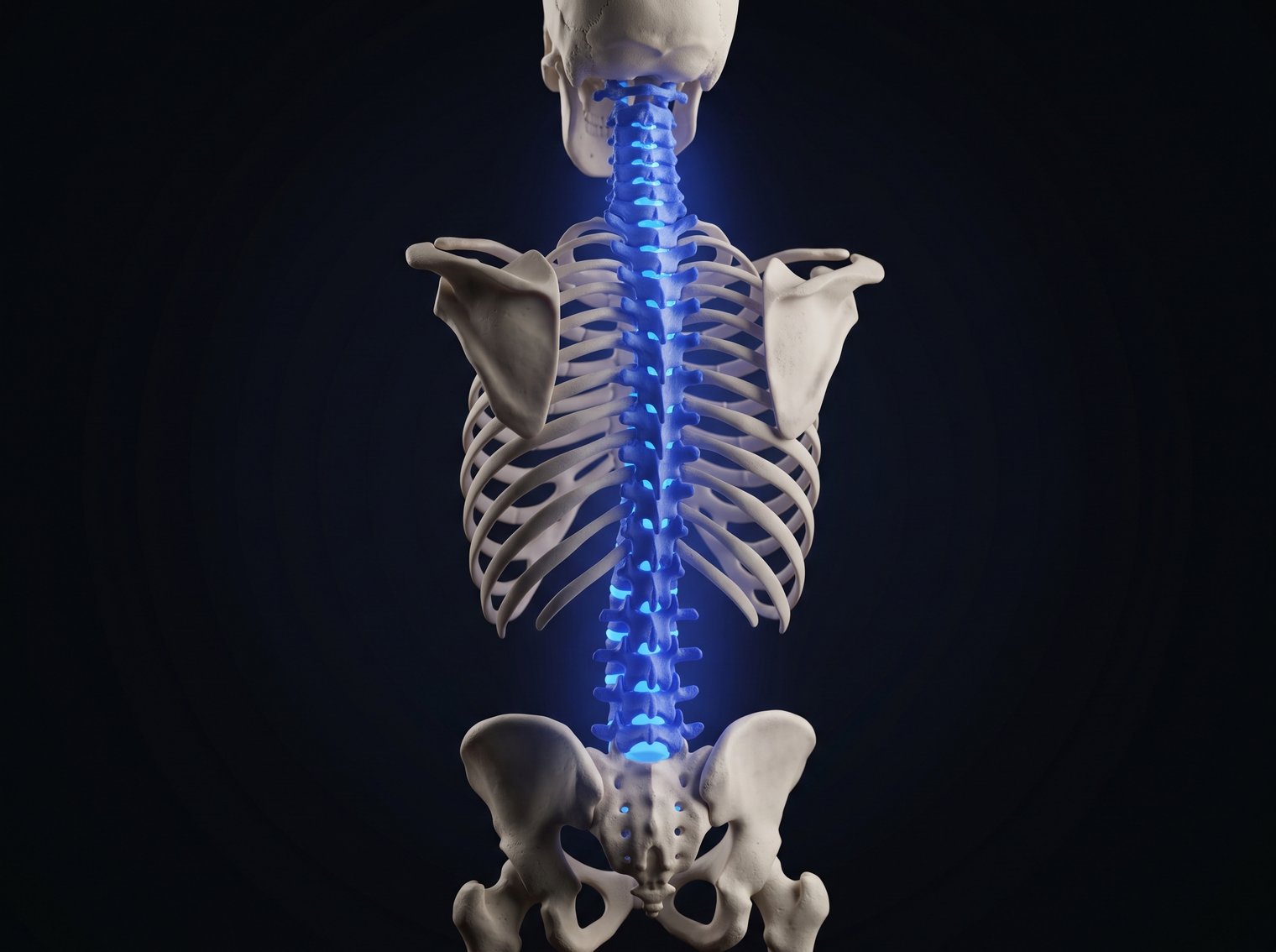 Human spine highlighted from neck to low back, back and neck pain physical therapy