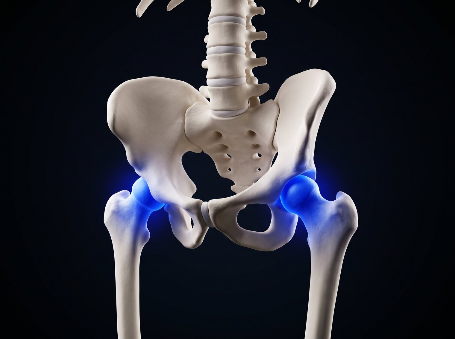 Hip joints and pelvis highlighted, where golf swing rotation should come from