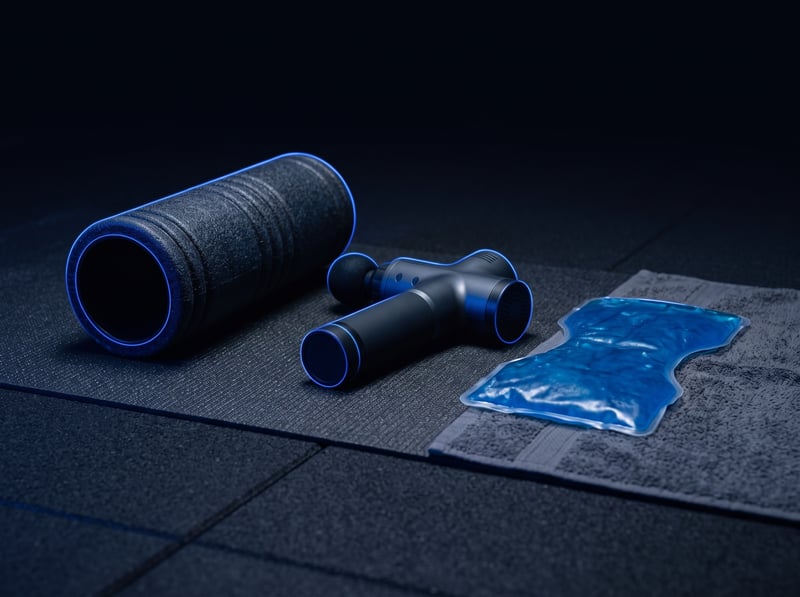 Foam roller, massage gun and ice pack on a gym floor