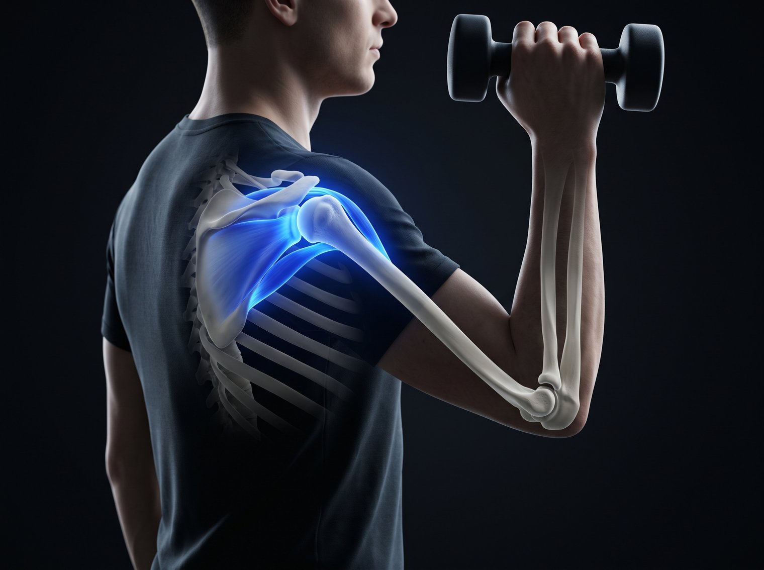 Athlete reaching overhead with shoulder and elbow bones shown, shoulder pain physical therapy