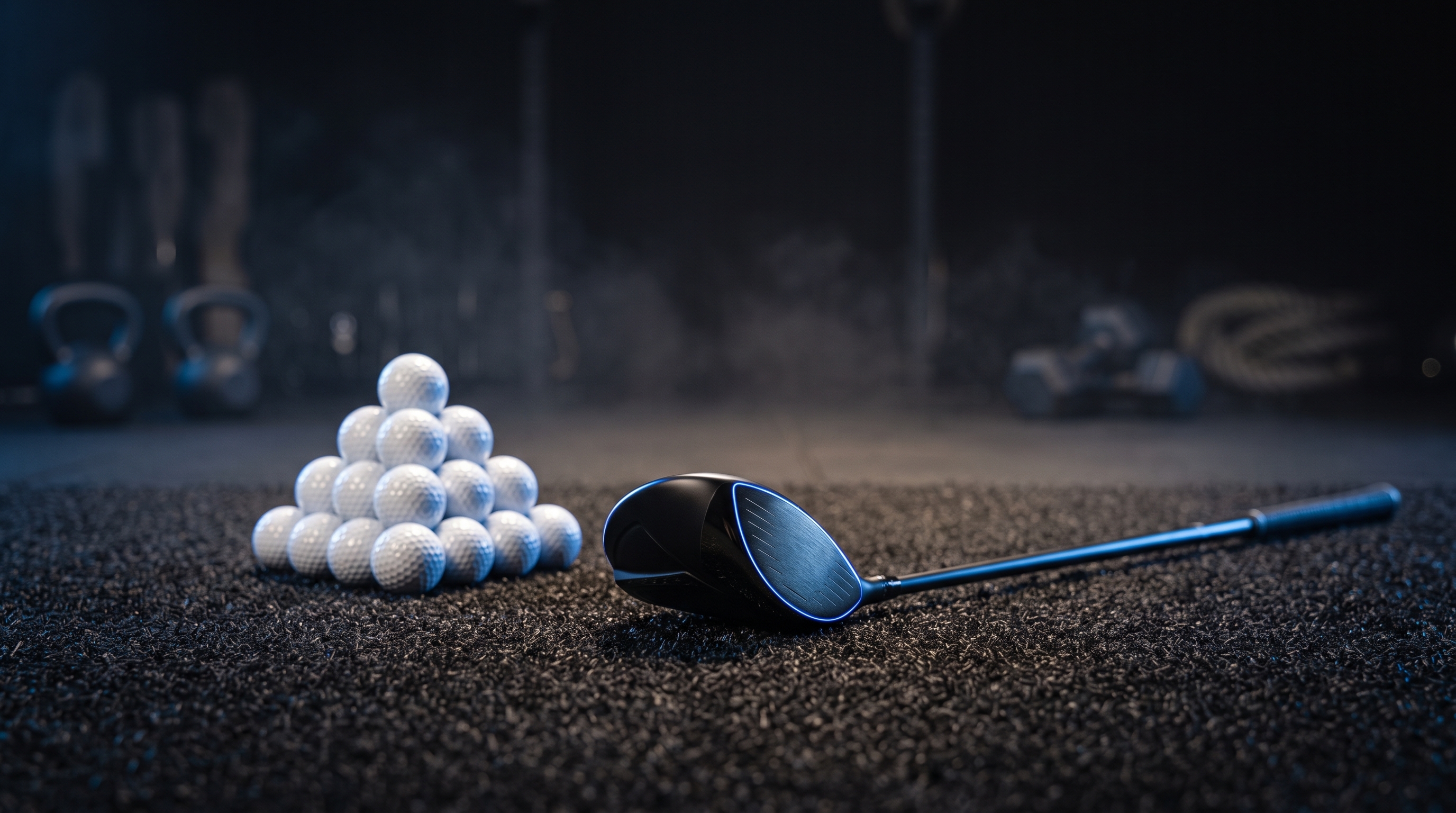 Golf driver and range balls on turf, representing low back pain after golf from high practice volume