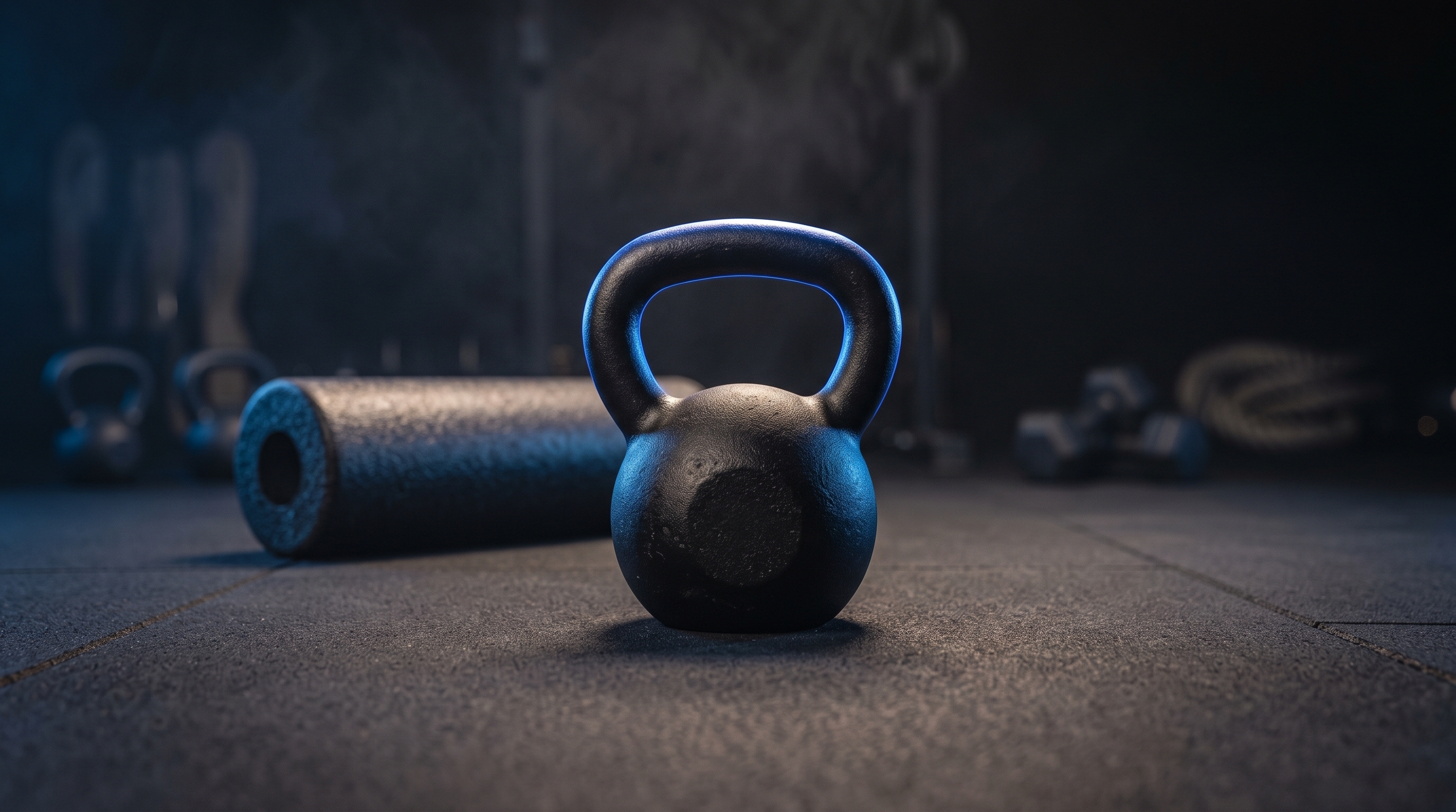 Kettlebell in focus beside a foam roller, representing strength training instead of stretching for chronic muscle tightness