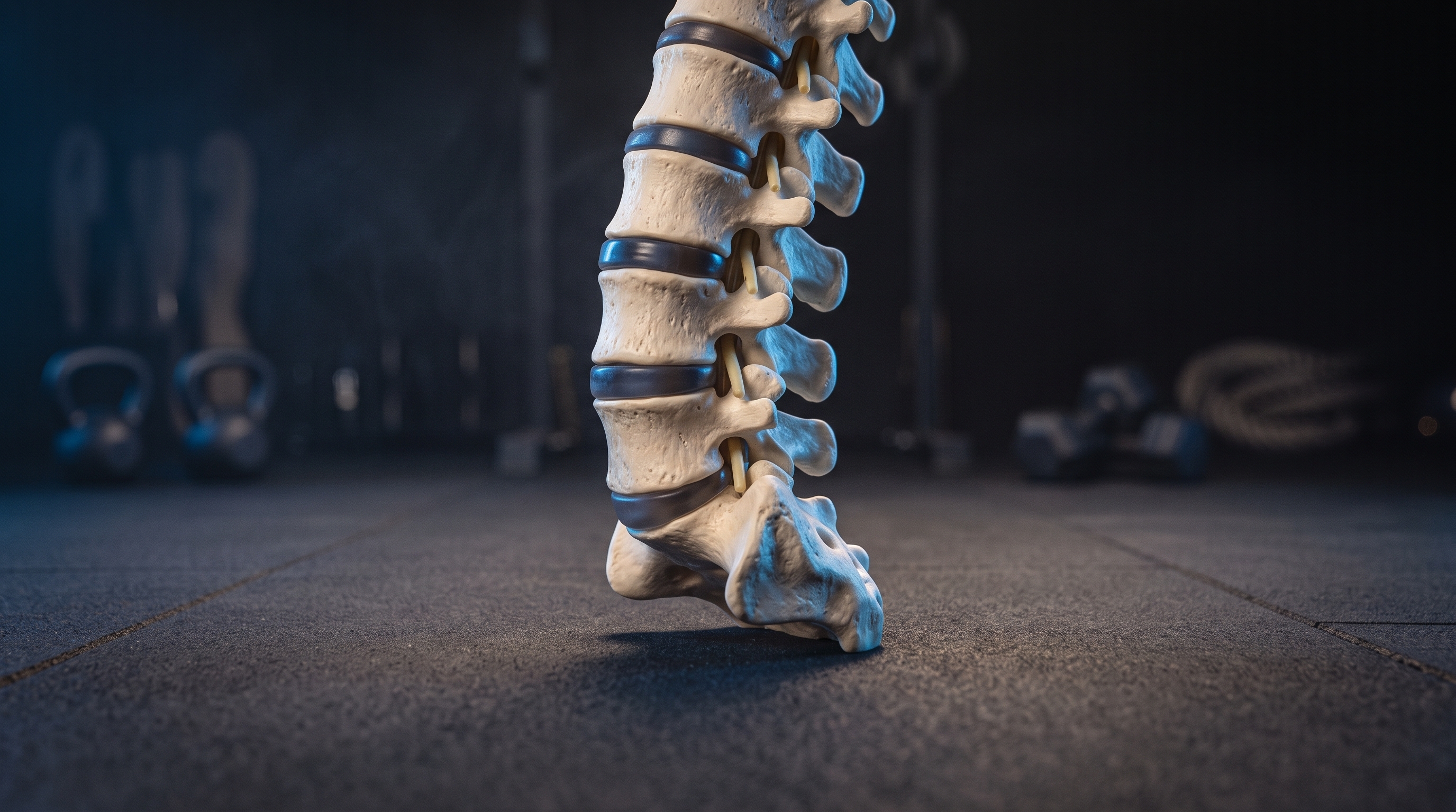 Lumbar spine model under blue rim light, representing disc bulges and herniations seen on MRI
