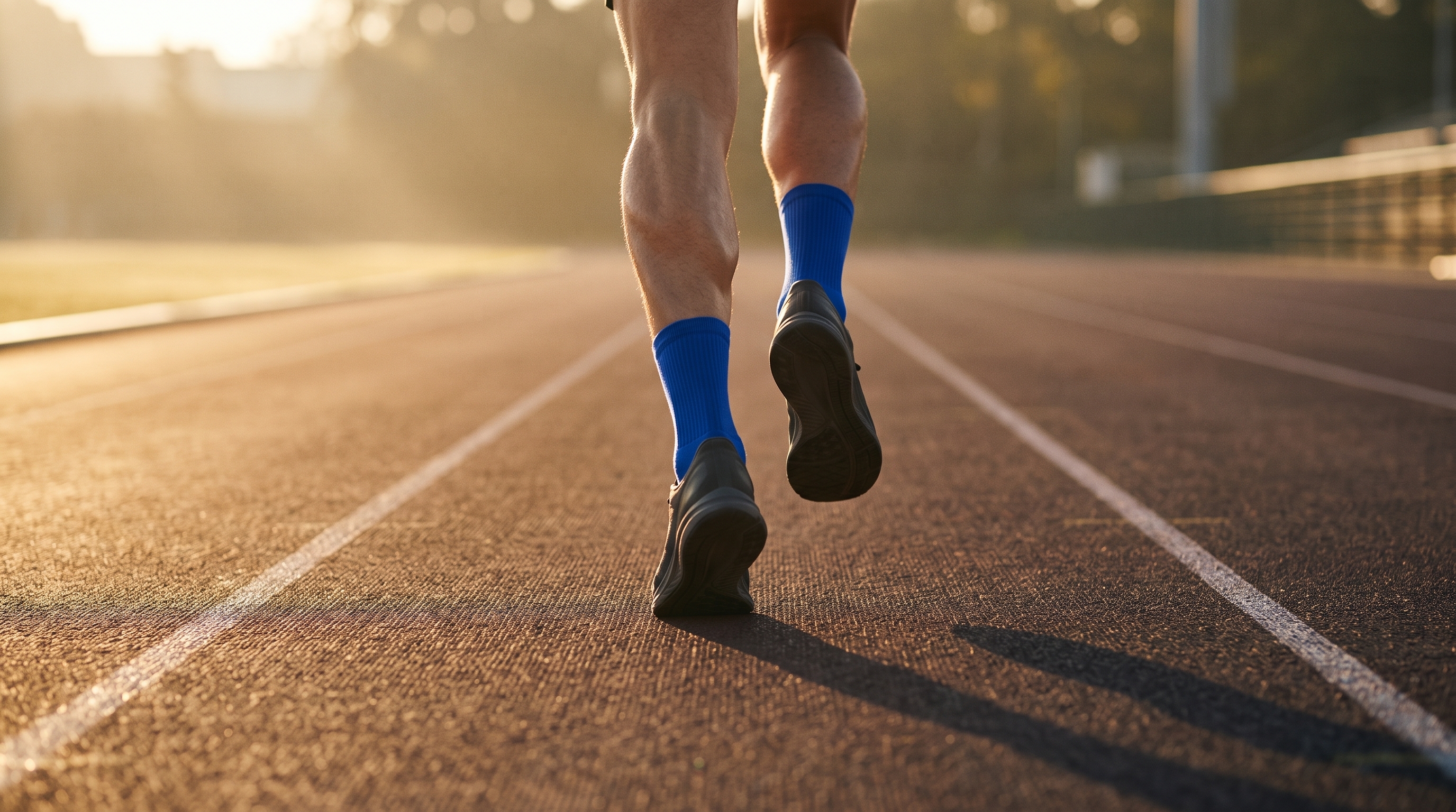 Runner's heels and calves mid stride on a track at sunrise, representing running with Achilles pain