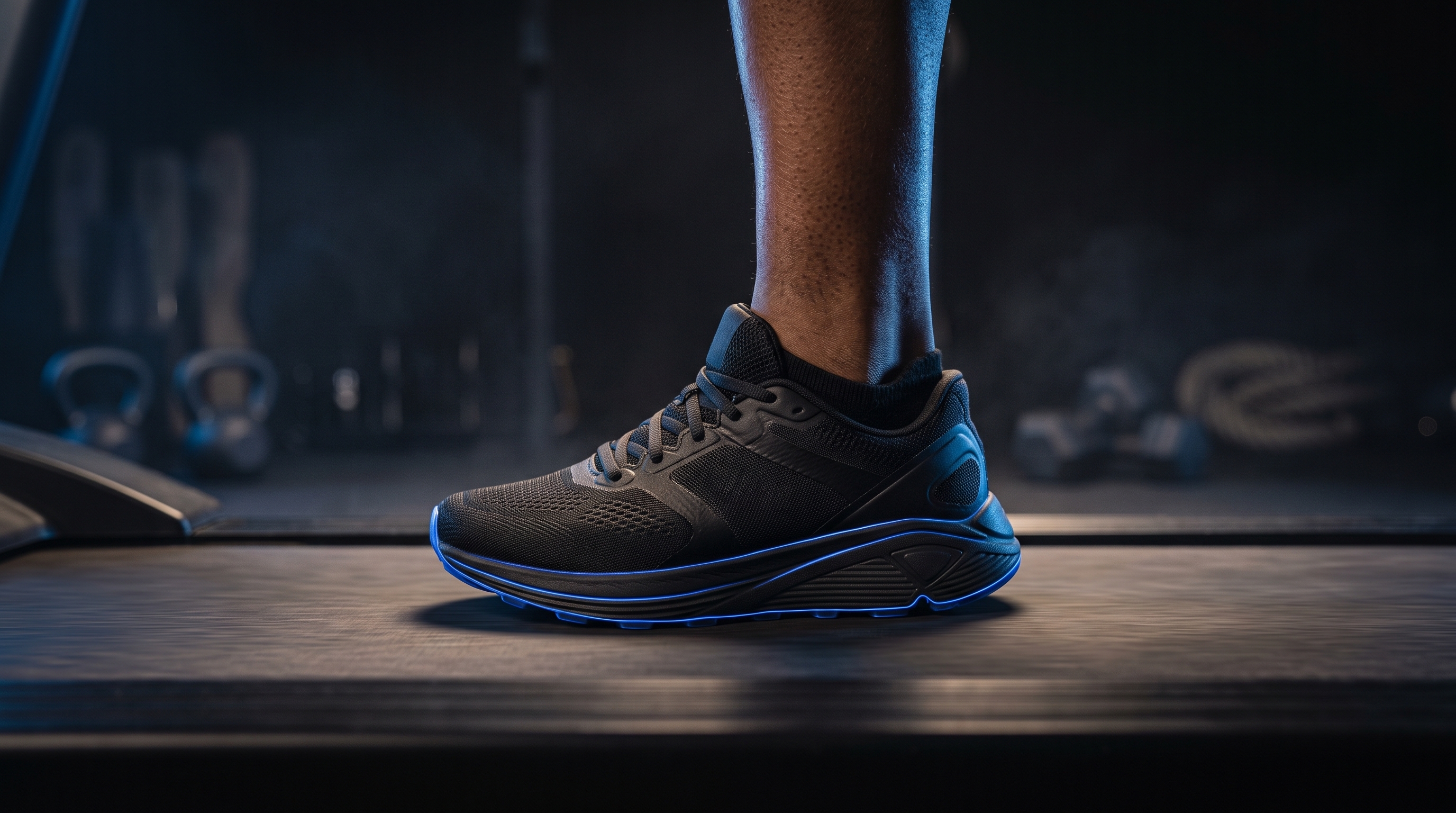 Runner's foot landing on a treadmill during a running gait analysis