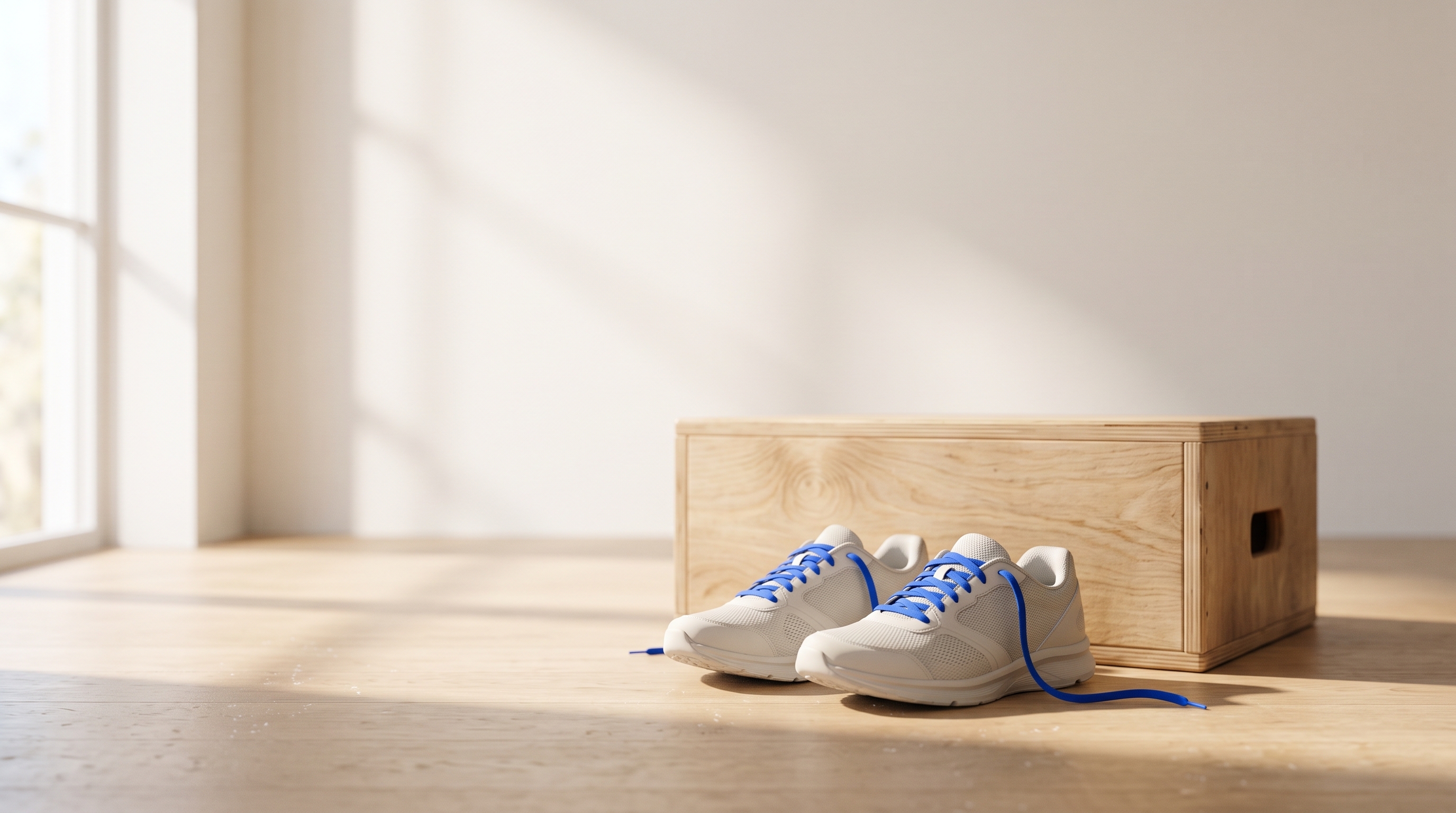 Running shoes beside a plyo box in soft morning light, representing a gradual return to running after a meniscus tear
