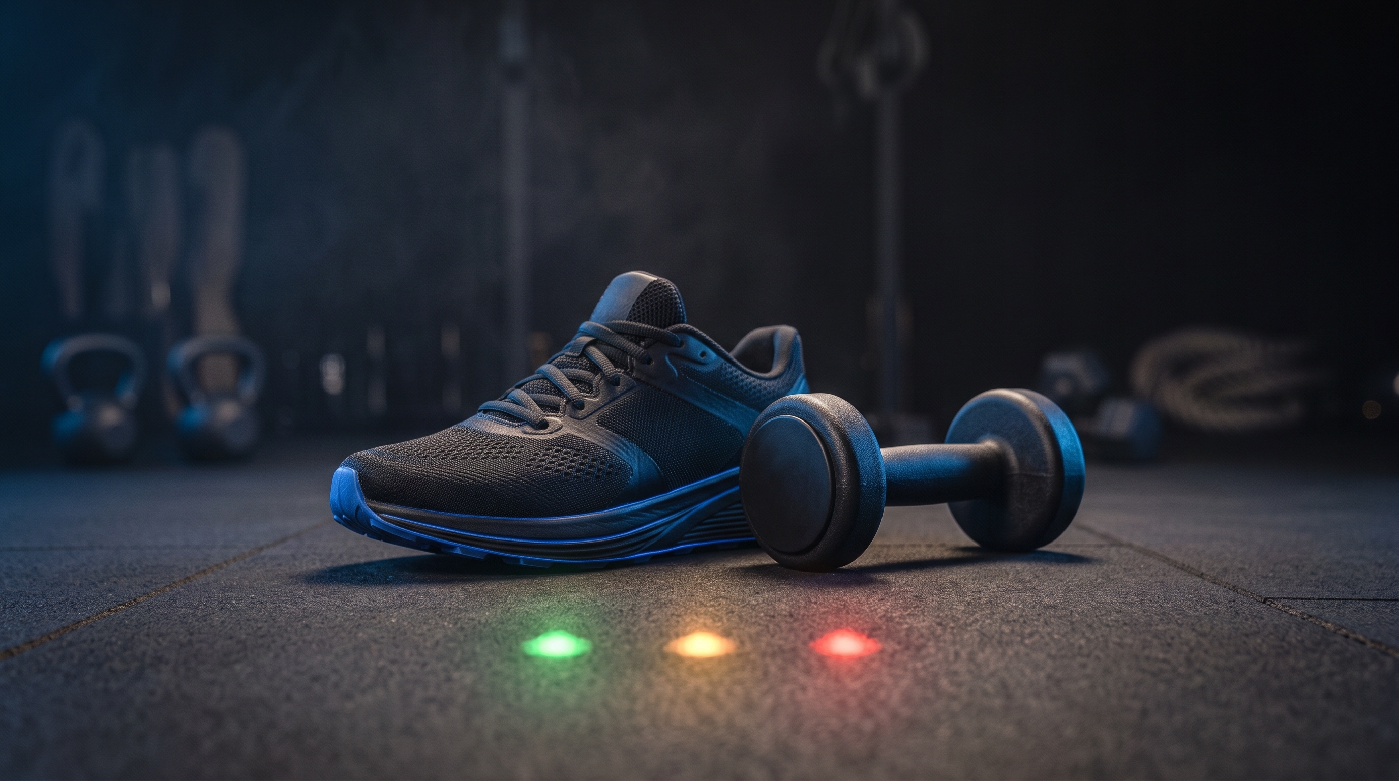 Running shoe and dumbbell with green, yellow, and red light reflections, representing the traffic light rule for training with an injury